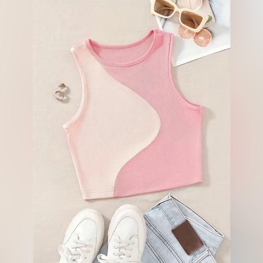 Baby Pink 2 Tone Color Block Ribbed Knit Crop Top